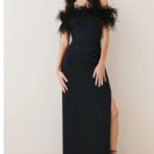 Petite Karen Millen Feather Bardot Stretch Crepe Maxi Dress in Black -